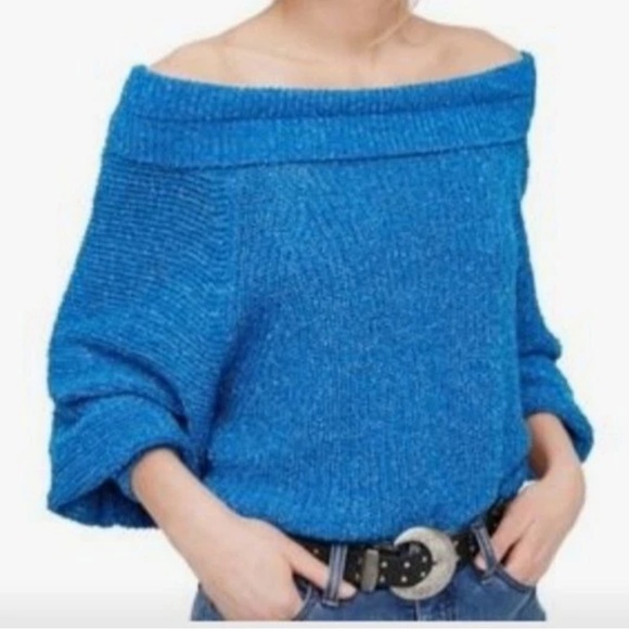 Free People Sweaters - Free People Edessa Blue Sweater Off Shoulder Knit Size Small